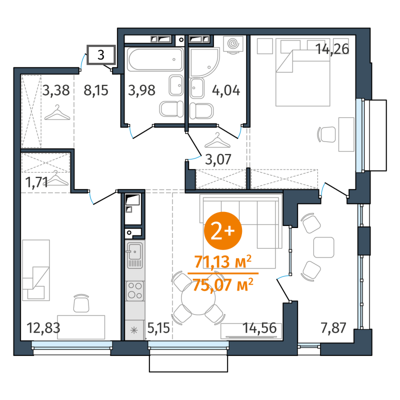 Планировка 2-комн. квартира, 71.1 м² — ЖК «Этика»
