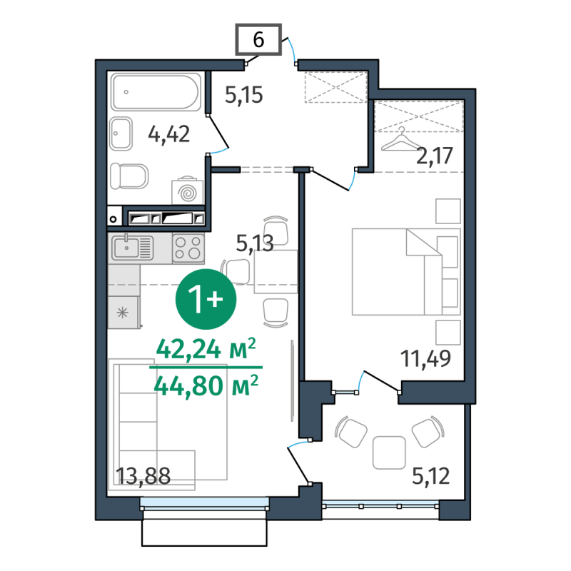 Планировка 1-комн. квартира, 42.2 м² — ЖК «Этика»
