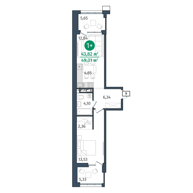 Планировка 1-комн. квартира, 43.8 м² — ЖК «Этика»