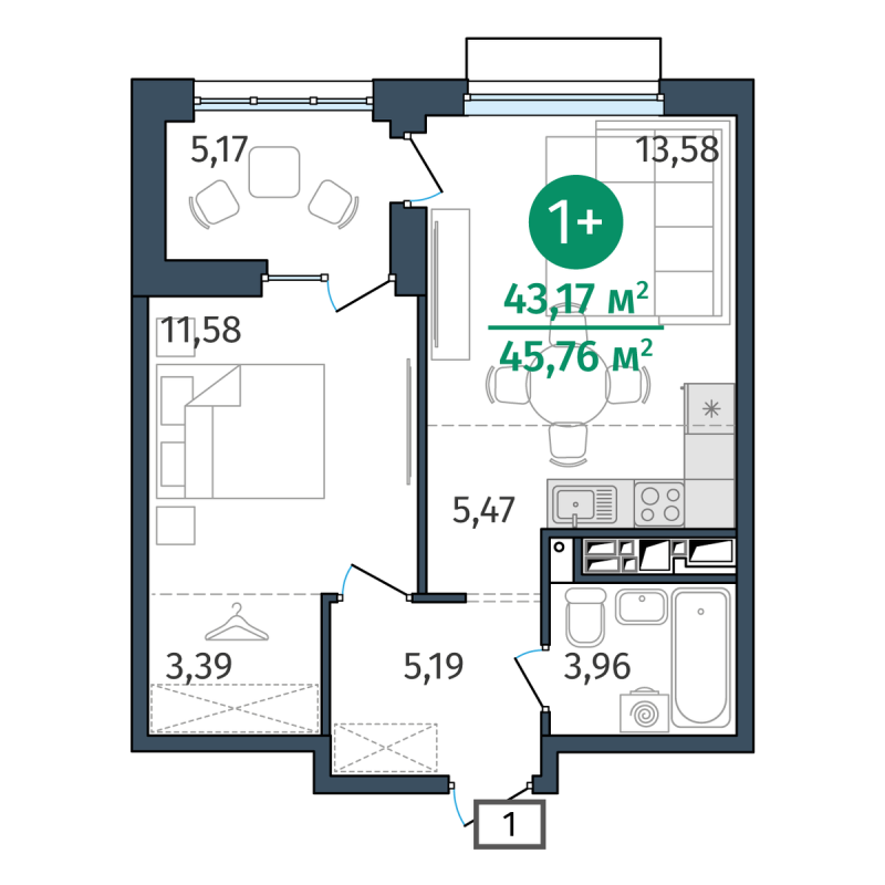 Планировка 1-комн. квартира, 43.2 м² — ЖК «Этика»