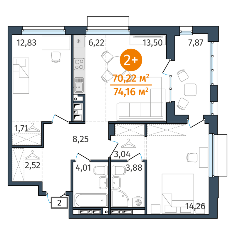 Планировка 2-комн. квартира, 70.2 м² — ЖК «Этика»