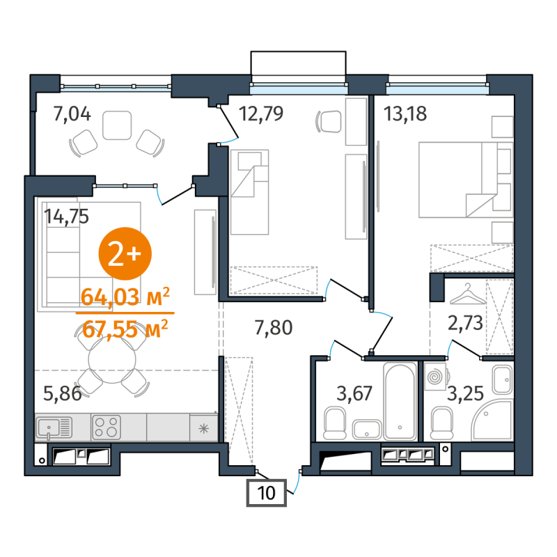 Планировка 2-комн. квартира, 64 м² — ЖК «Этика»