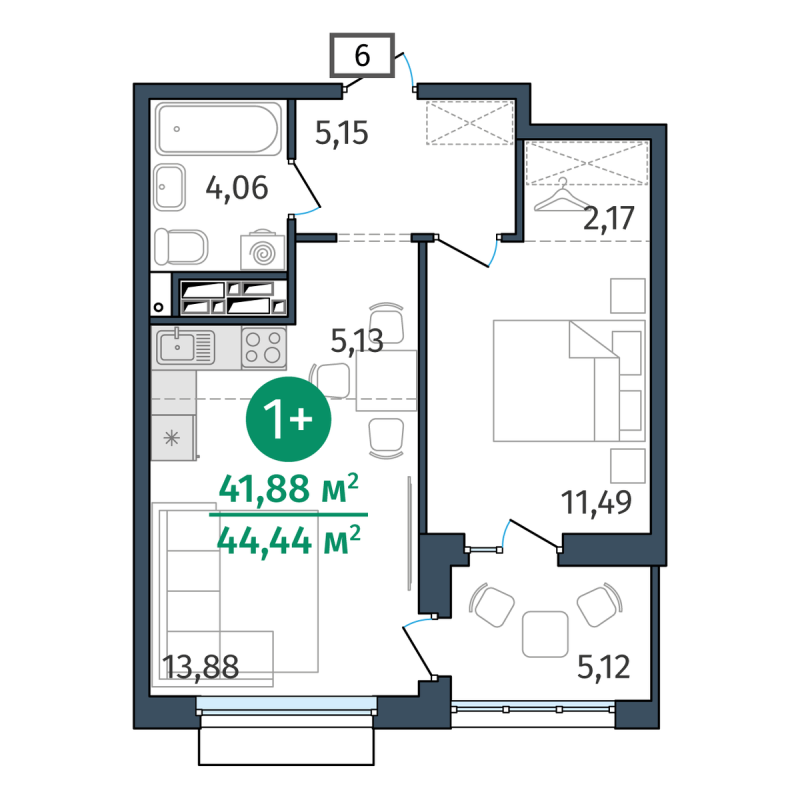 Планировка 1-комн. квартира, 41.9 м² — ЖК «Этика»