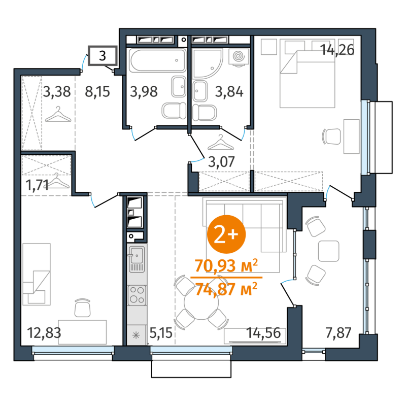 Планировка 2-комн. квартира, 70.9 м² — ЖК «Этика»