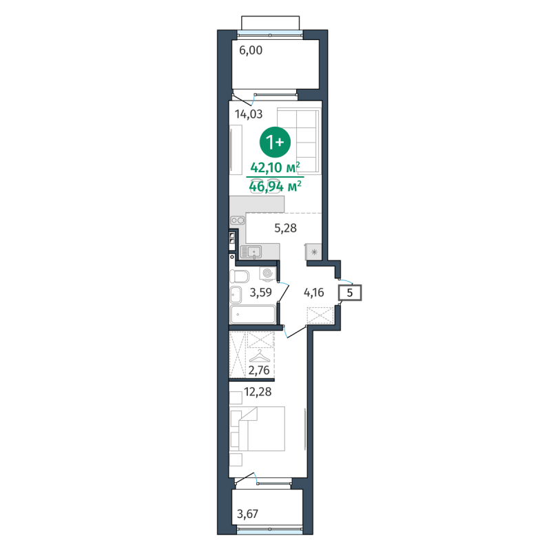 Планировка 1-комн. квартира, 42.1 м² — ЖК «Этика»