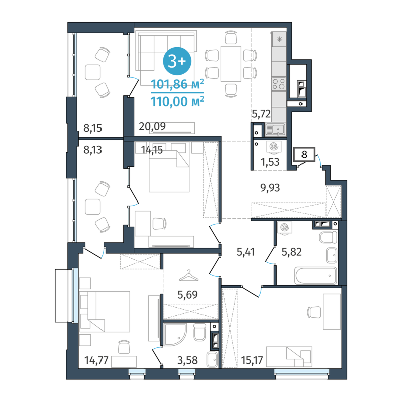 Планировка 3-комн. квартира, 101.9 м² — ЖК «Этика»