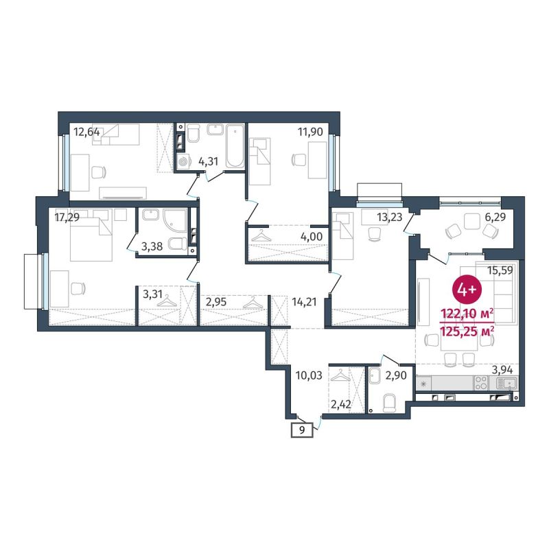 Планировка 4-комн. квартира, 122.1 м² — ЖК «Этика»