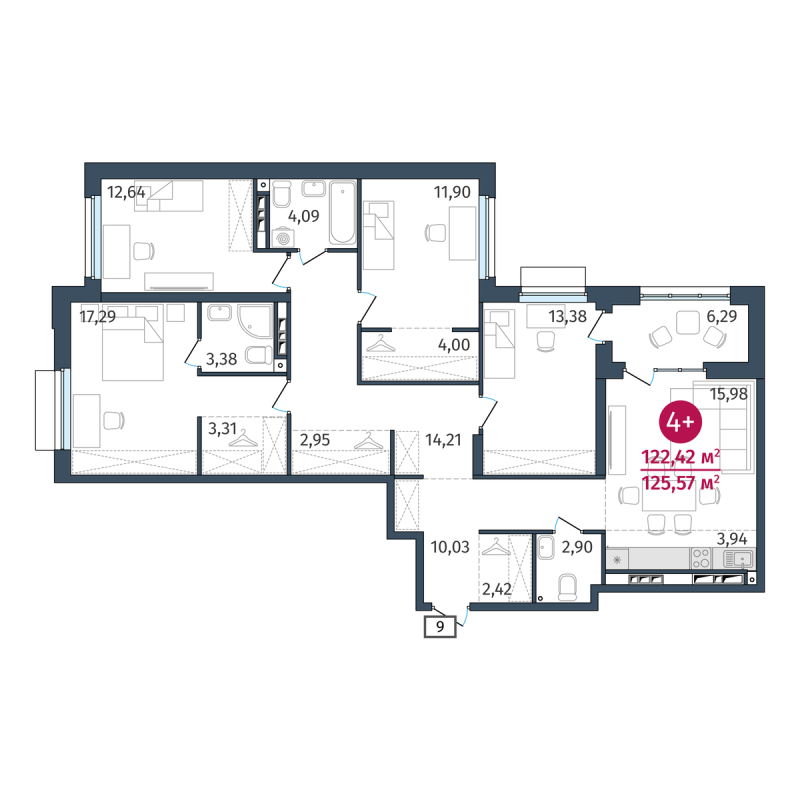 Планировка 4-комн. квартира, 122.4 м² — ЖК «Этика»