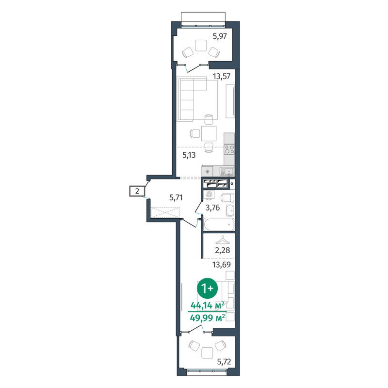 Планировка 1-комн. квартира, 44.1 м² — ЖК «Этика»