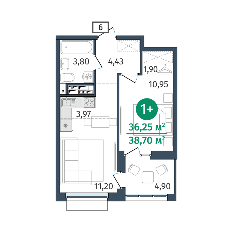 Планировка 1-комн. квартира, 36.2 м² — ЖК «Этика»