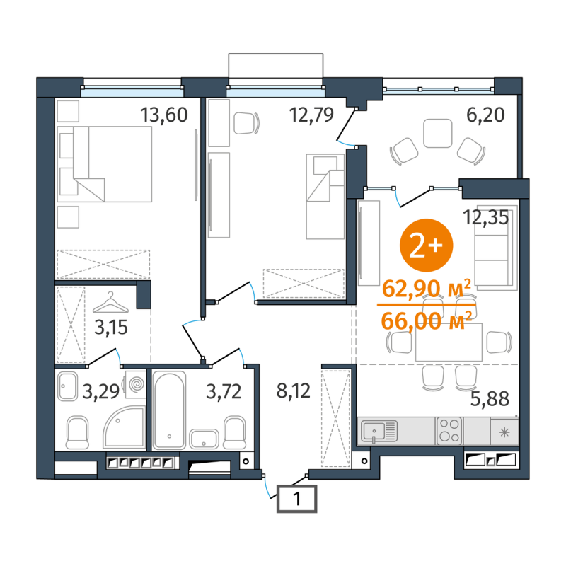 Планировка 2-комн. квартира, 62.9 м² — ЖК «Этика»
