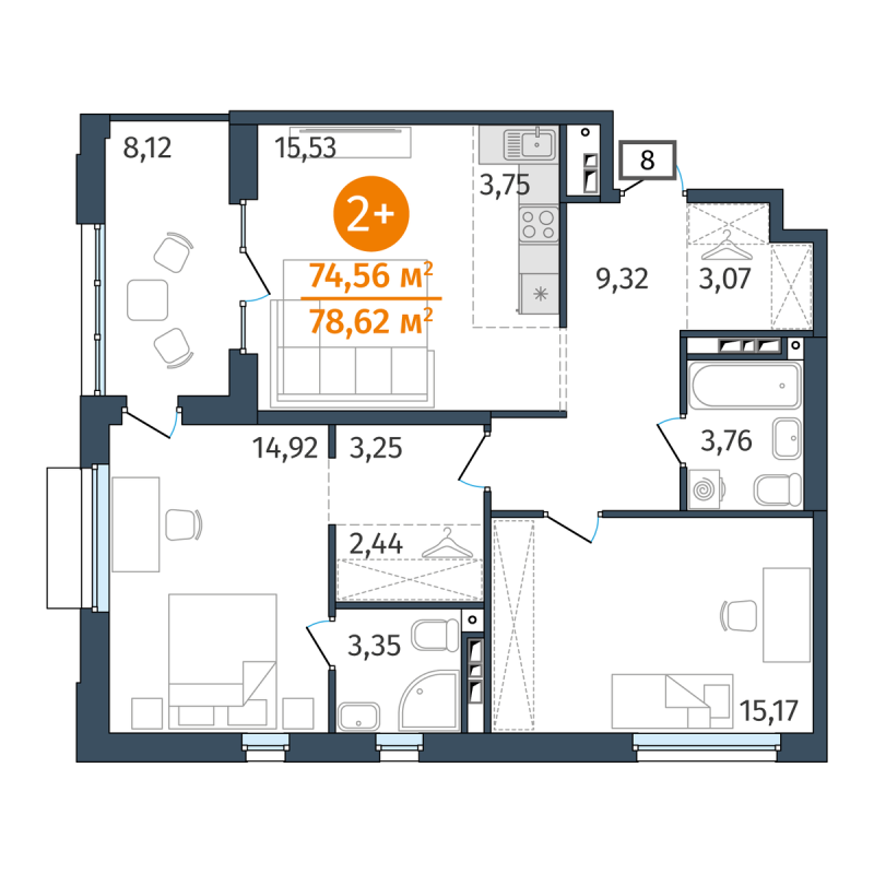 Планировка 2-комн. квартира, 74.6 м² — ЖК «Этика»