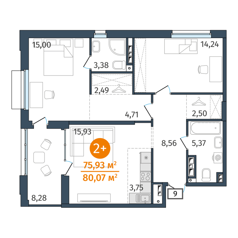 Планировка 2-комн. квартира, 75.9 м² — ЖК «Этика»