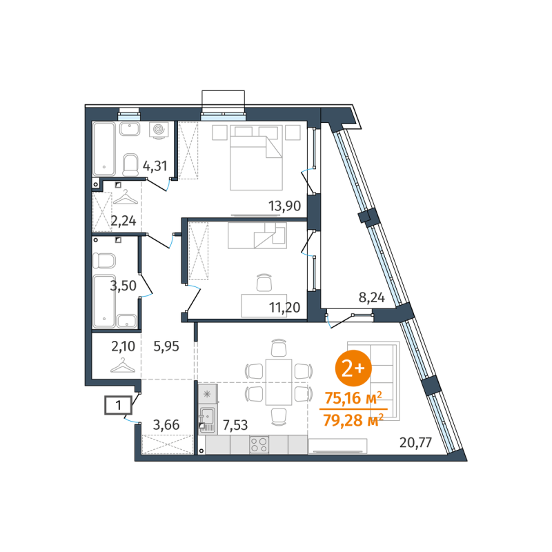 Планировка 2-комн. квартира, 75.2 м² — ЖК «Этика»