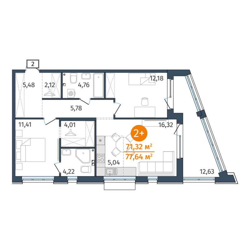 Планировка 2-комн. квартира, 71.3 м² — ЖК «Этика»