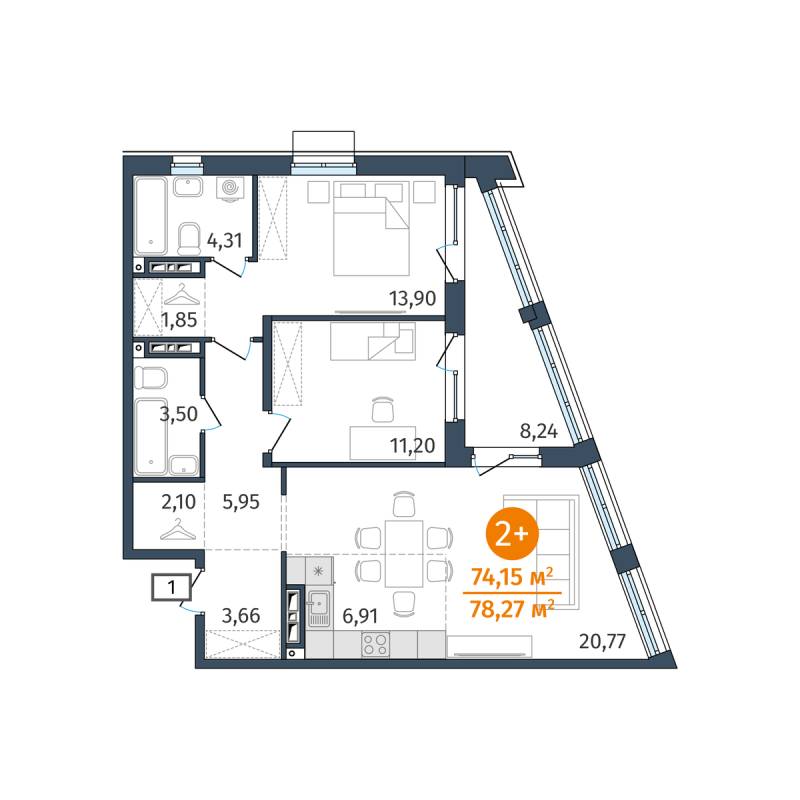 Планировка 2-комн. квартира, 74.2 м² — ЖК «Этика»
