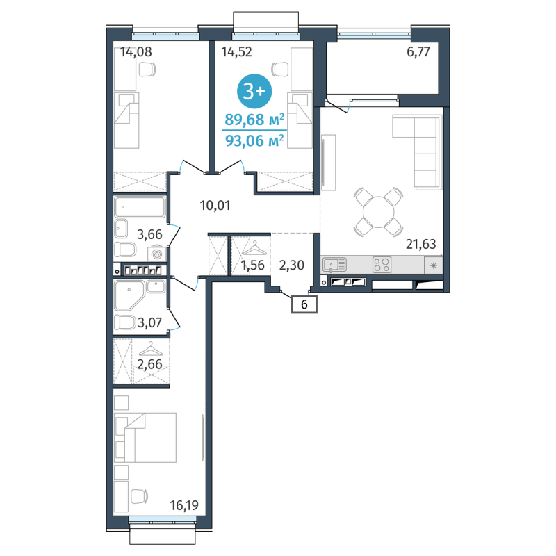 Планировка 3-комн. квартира, 89.7 м² — ЖК «Этика»