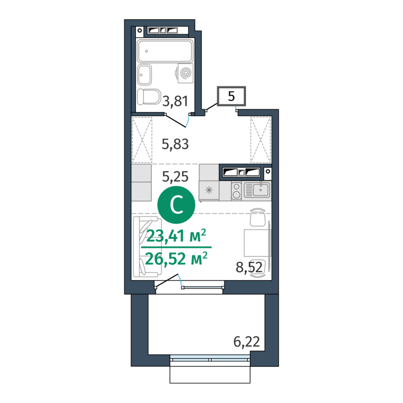 Планировка Студия, 23.4 м² — ЖК «Этика»