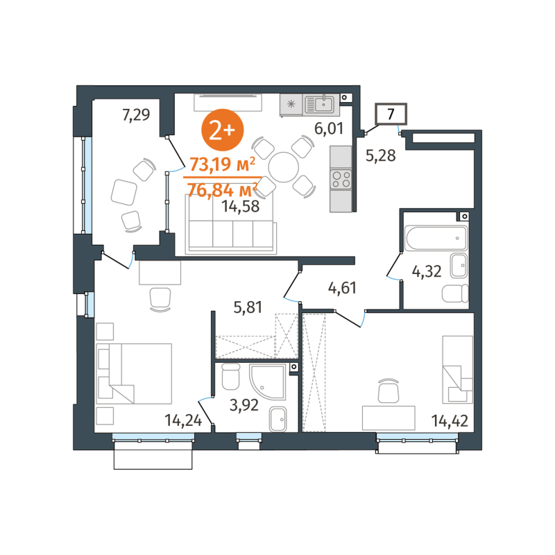 Планировка 2-комн. квартира, 73.2 м² — ЖК «Этика»