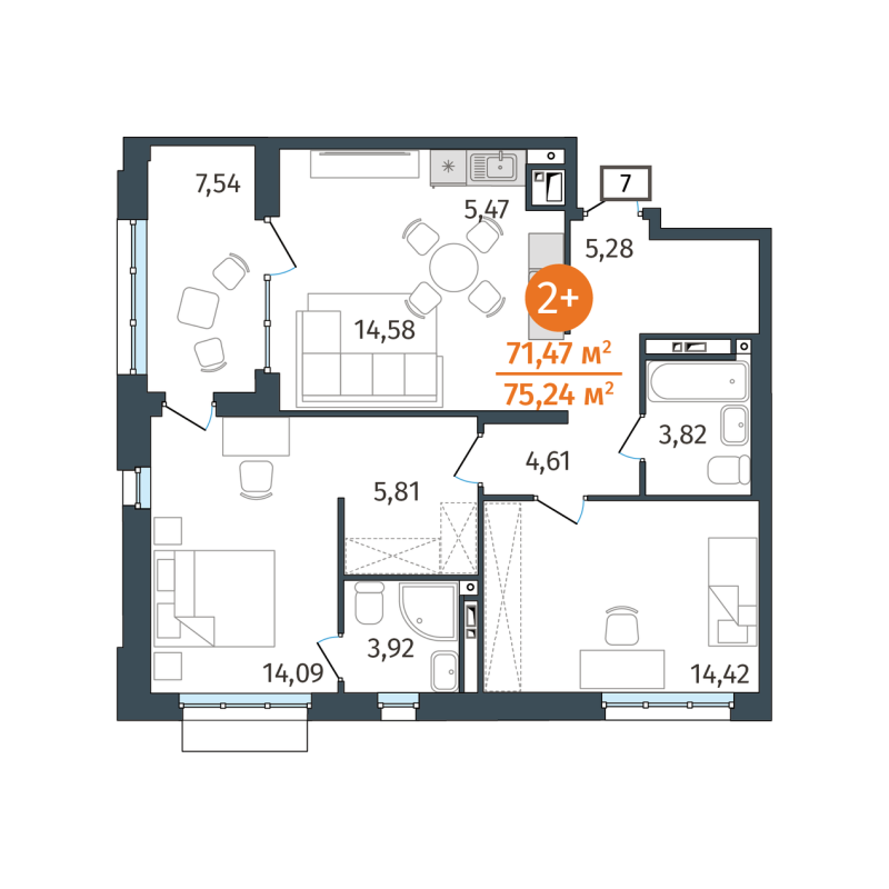 Планировка 2-комн. квартира, 71.5 м² — ЖК «Этика»
