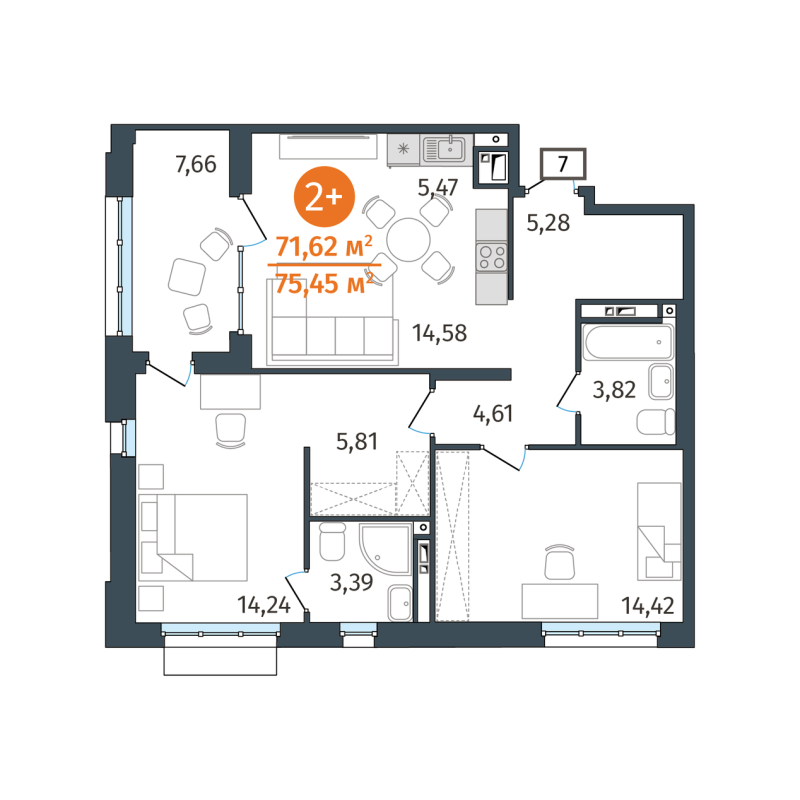 Планировка 2-комн. квартира, 71.6 м² — ЖК «Этика»