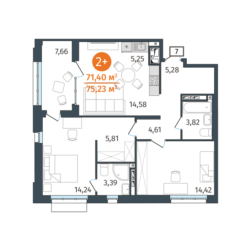 Планировка 2-комн. квартира, 71.4 м² — ЖК «Этика»