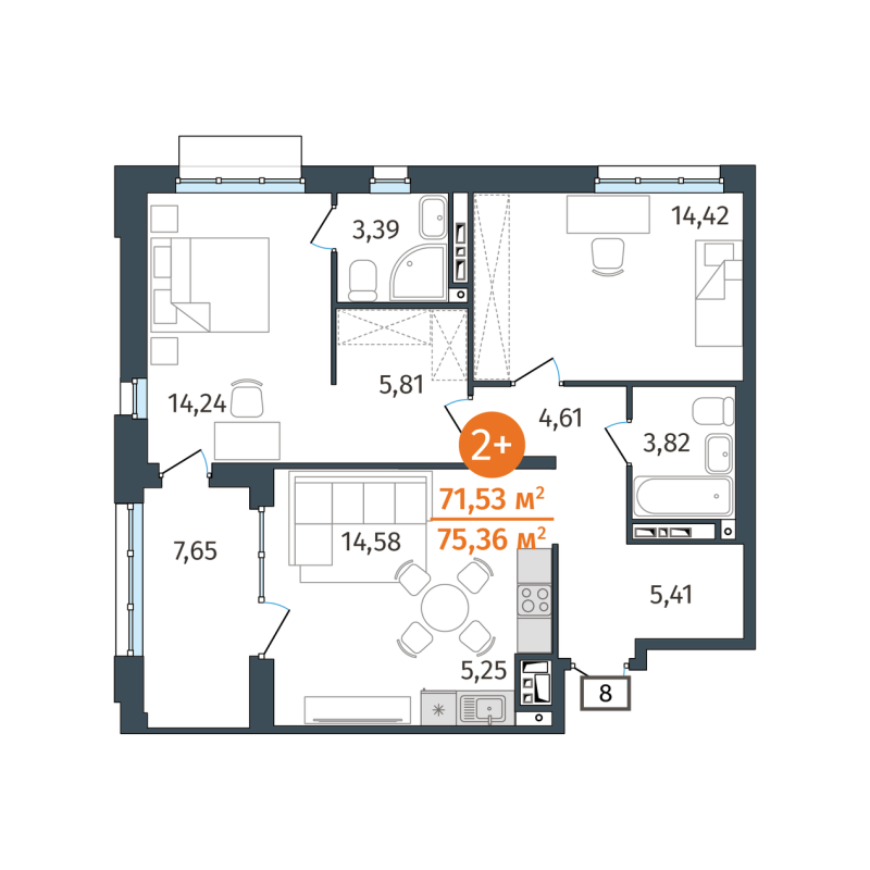 Планировка 2-комн. квартира, 71.5 м² — ЖК «Этика»