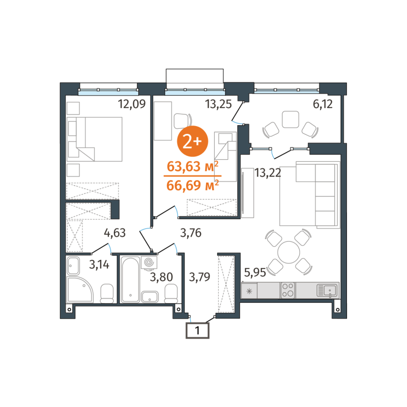 Планировка 2-комн. квартира, 63.6 м² — ЖК «Этика»