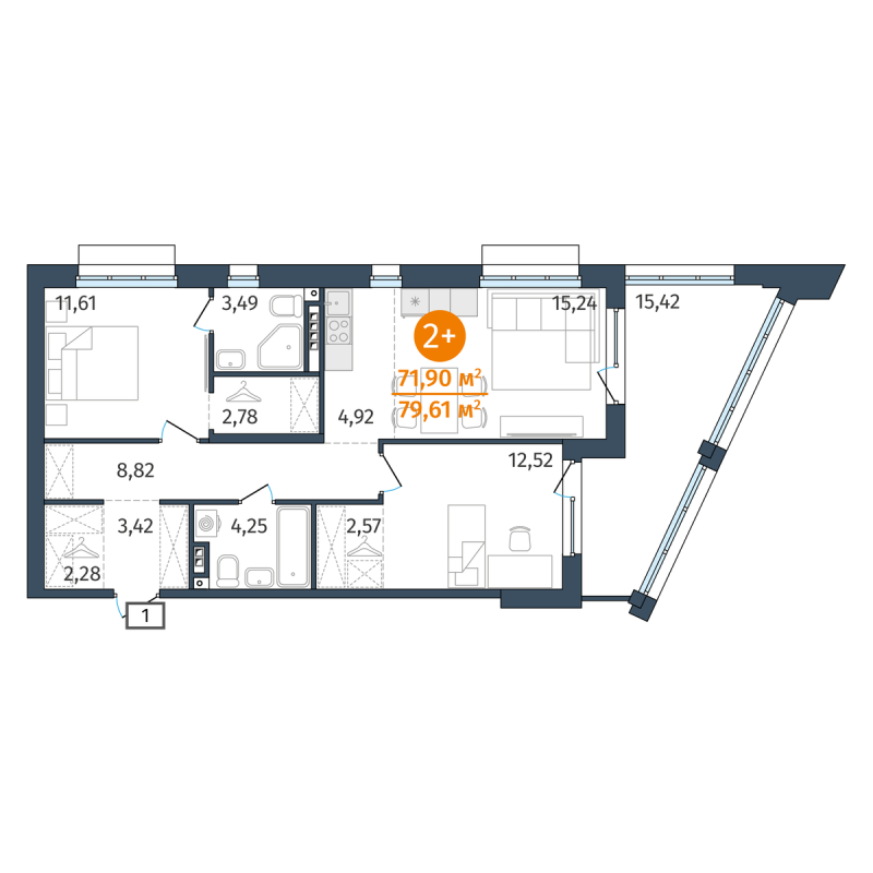 Планировка 2-комн. квартира, 71.9 м² — ЖК «Этика»