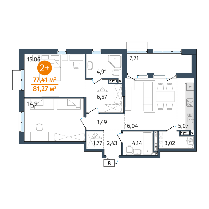 Планировка 2-комн. квартира, 77.4 м² — ЖК «Этика»