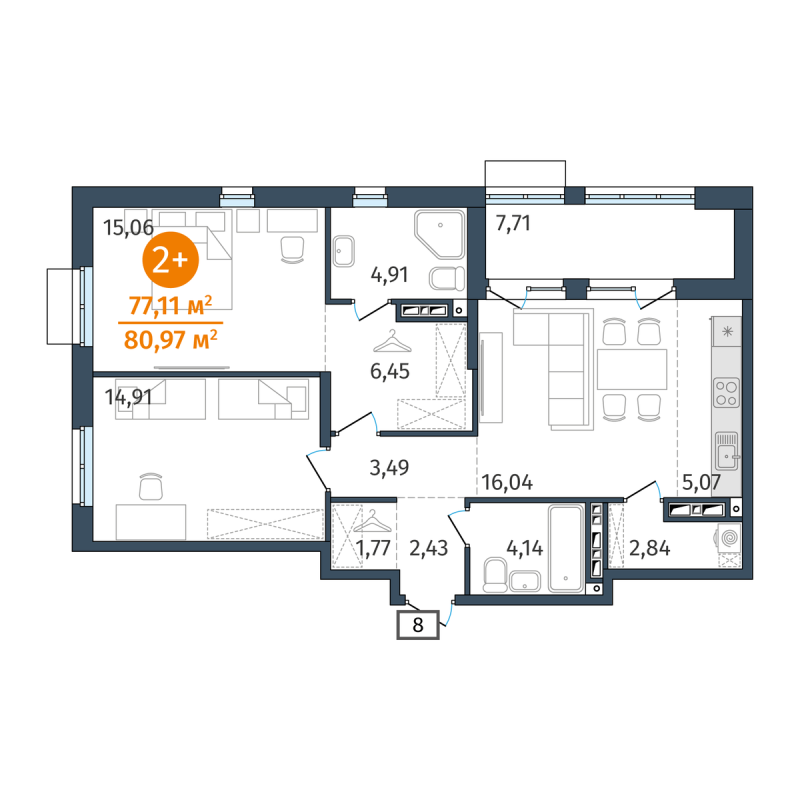 Планировка 2-комн. квартира, 77.1 м² — ЖК «Этика»
