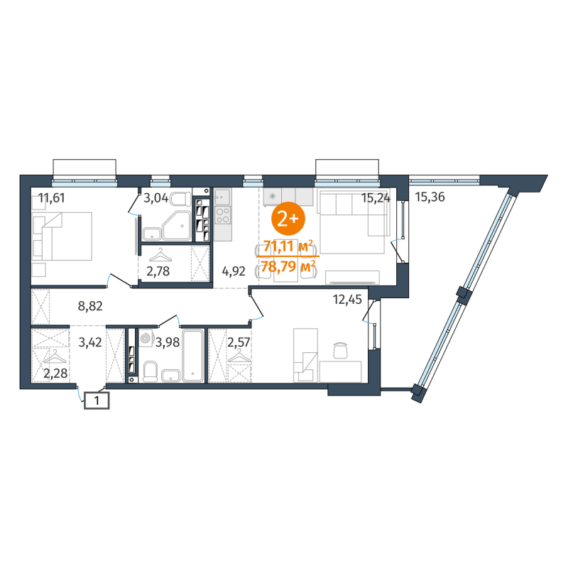 Планировка 2-комн. квартира, 71.1 м² — ЖК «Этика»