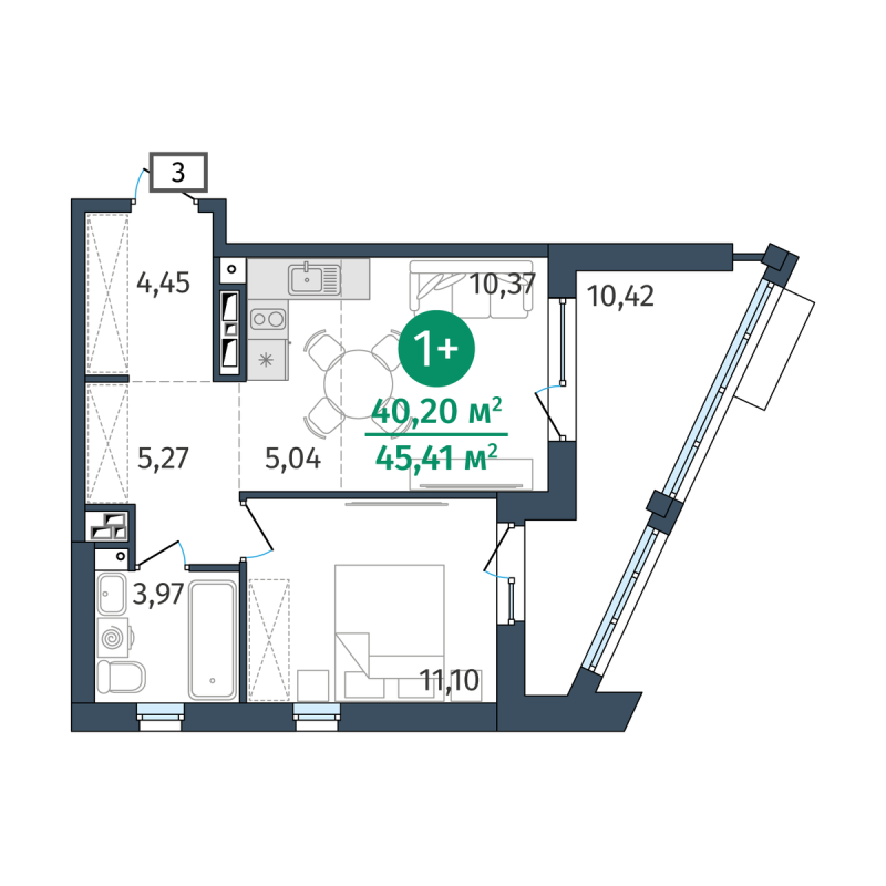 Планировка 1-комн. квартира, 40.2 м² — ЖК «Этика»