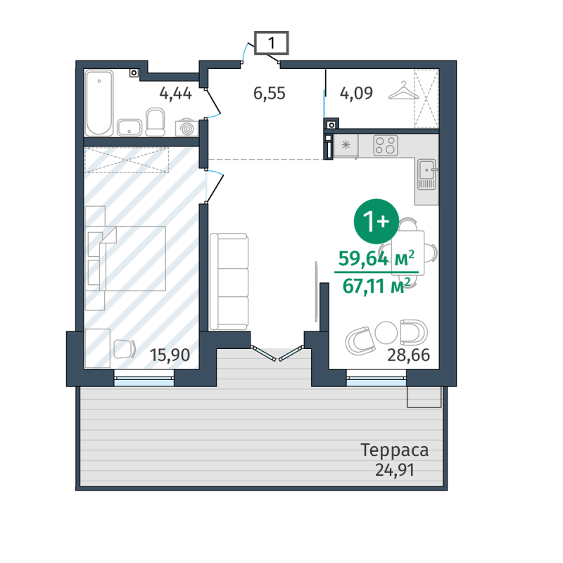 Планировка 1-комн. квартира, 59 м² — ЖК «Гринвуд»