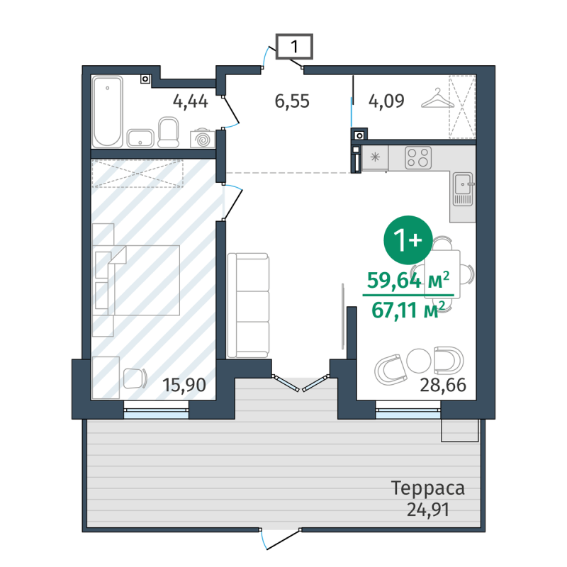 Планировка 1-комн. квартира, 59.2 м² — ЖК «Гринвуд»