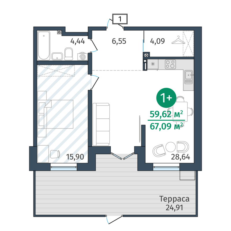 Планировка 1-комн. квартира, 59.3 м² — ЖК «Гринвуд»
