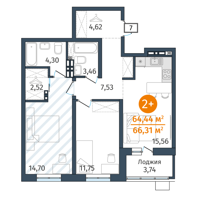 Планировка 2-комн. квартира, 64 м² — ЖК «Гринвуд»