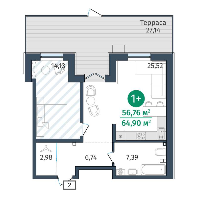 Планировка 1-комн. квартира, 56.5 м² — ЖК «Гринвуд»