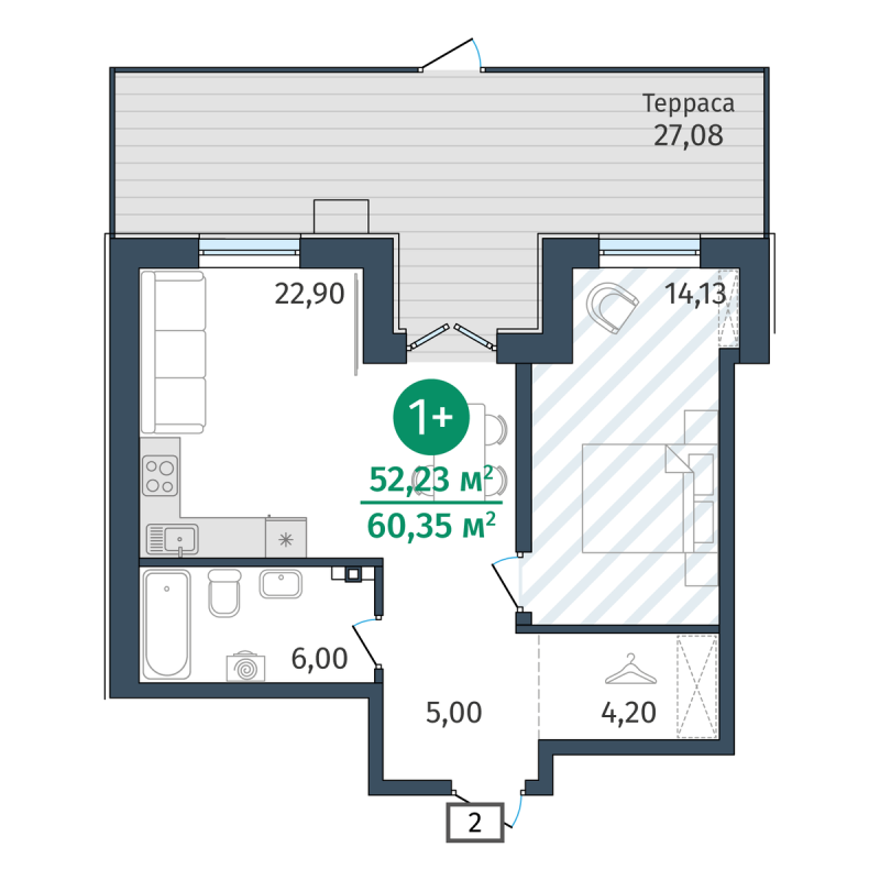 Планировка 1-комн. квартира, 51.8 м² — ЖК «Гринвуд»