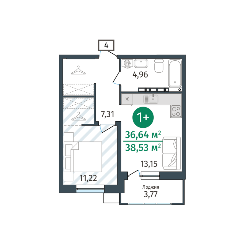 Планировка 1-комн. квартира, 37 м² — ЖК «Гринвуд»
