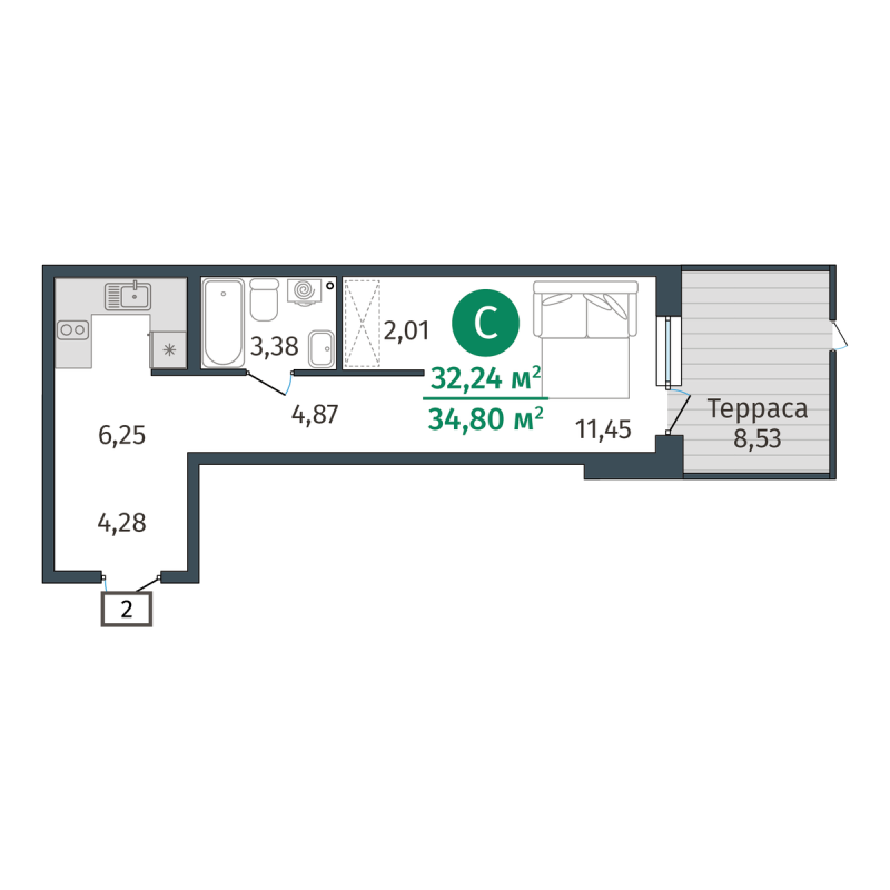 Планировка Студия, 32.2 м² — ЖК «Гринвуд»