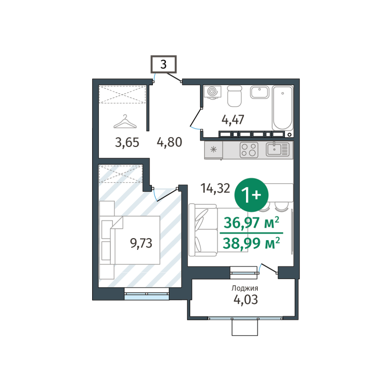 Планировка 1-комн. квартира, 38 м² — ЖК «Гринвуд»