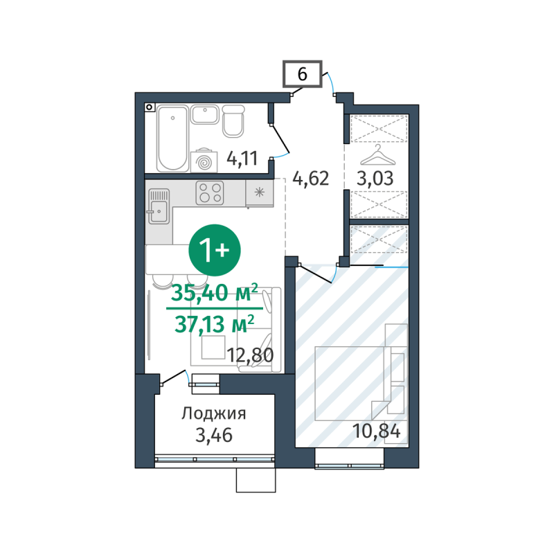 Планировка 1-комн. квартира, 35.4 м² — ЖК «Гринвуд»