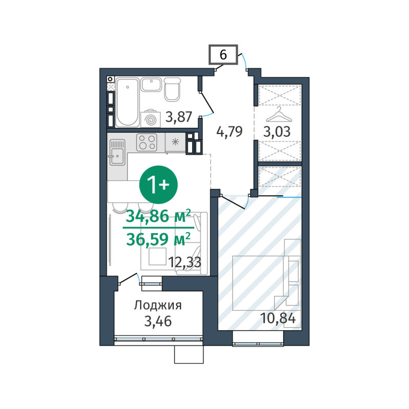 Планировка 1-комн. квартира, 34.5 м² — ЖК «Гринвуд»
