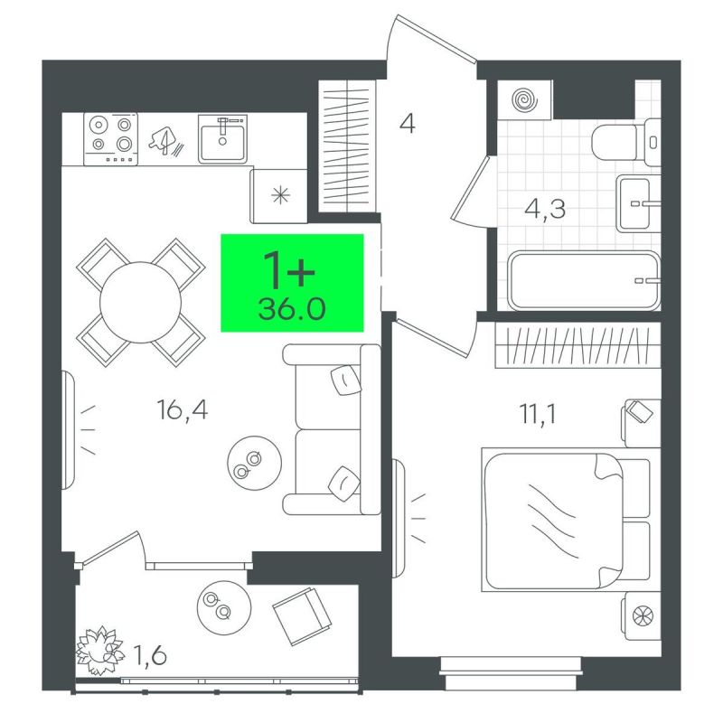 Планировка 1-комн. квартира, 39.2 м² — ЖК «Гранд Квартал»