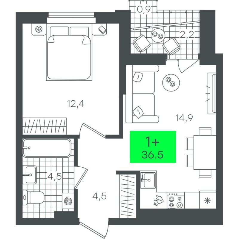Планировка 1-комн. квартира, 39.7 м² — ЖК «Гранд Квартал»