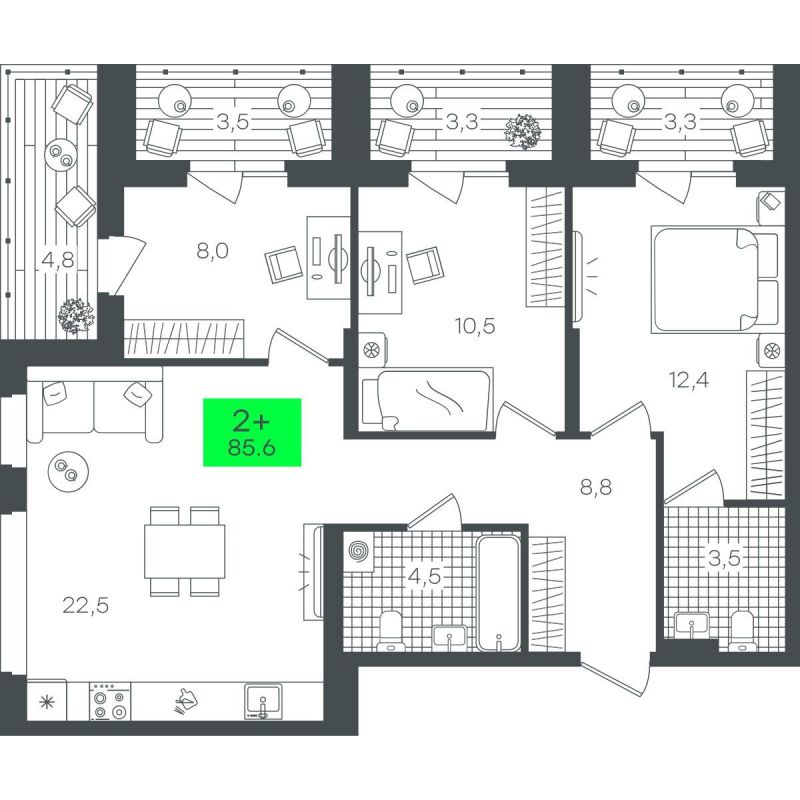 Планировка 2-комн. квартира, 85.6 м² — ЖК «Гранд Квартал»