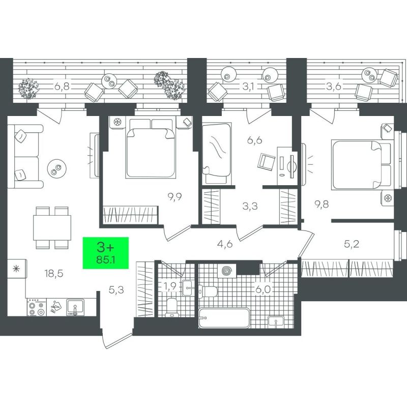 Планировка 3-комн. квартира, 85.2 м² — ЖК «Гранд Квартал»