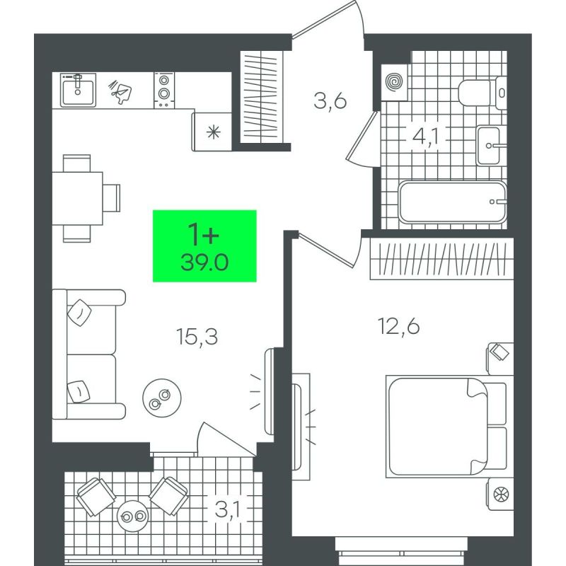 Планировка 1-комн. квартира, 39 м² — ЖК «Гранд Квартал»