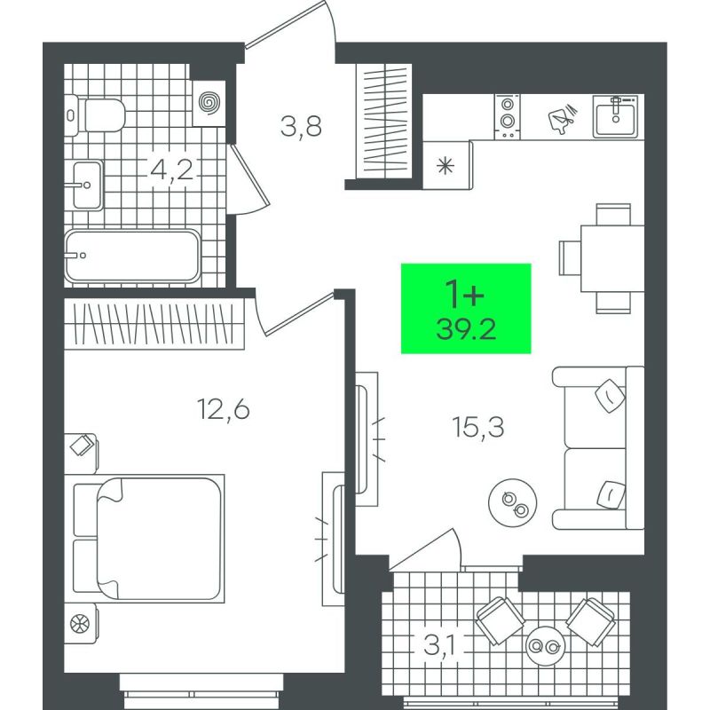 Планировка 1-комн. квартира, 39.2 м² — ЖК «Гранд Квартал»